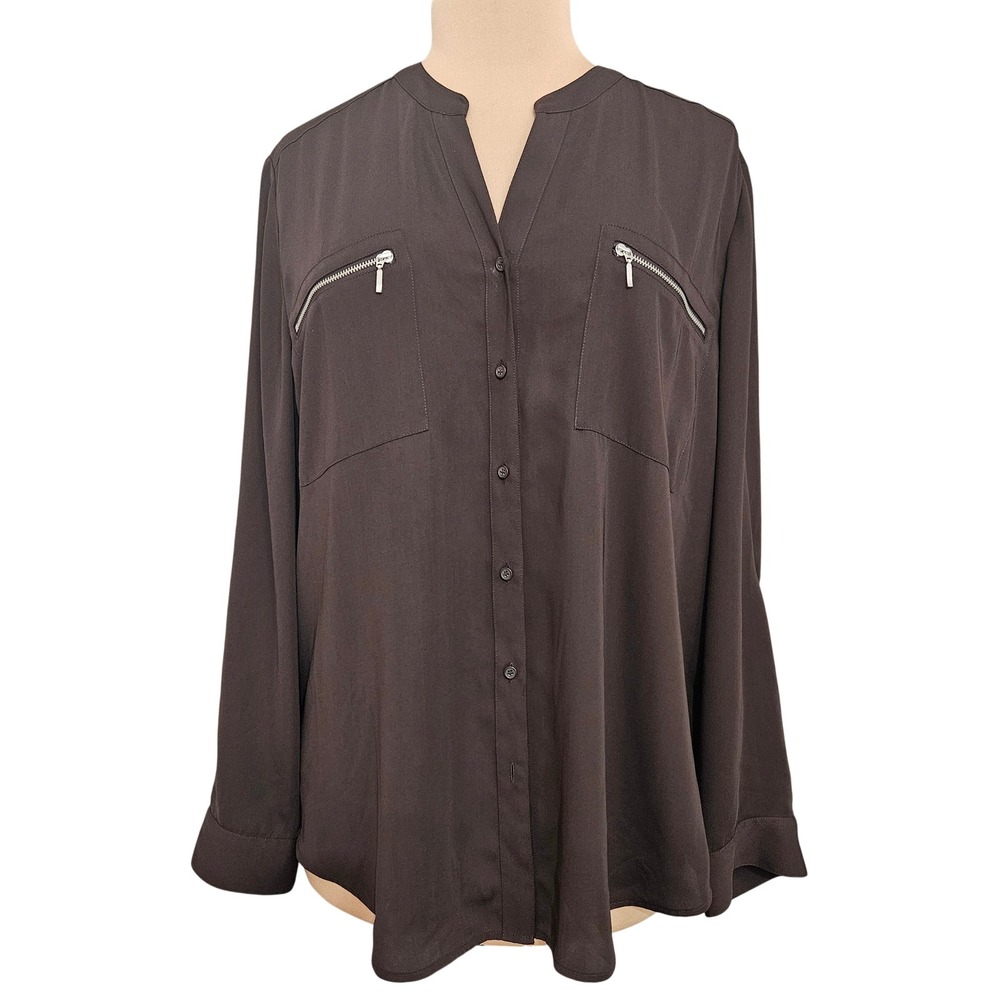 Chico's Brown Zipper Pocket Button Up Roll Tab Sleeve Blouse Sz 3 Dark Academia